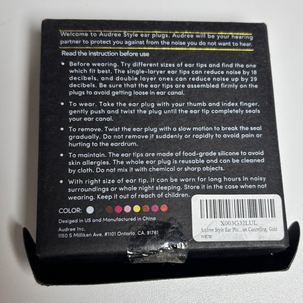 Audree Style Noise Cancelling Earplugs Gold Reusable High Fidelity New‎ Open Box - Picture 3 of 5